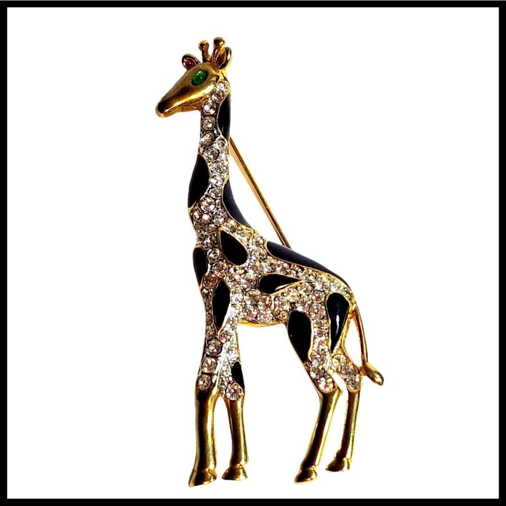 Vintage Giraffe Brooch Clear Pave Rhinestones & Black Enamel Gold Tone Broochโ